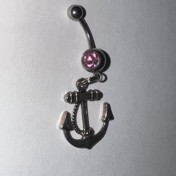 Large Anchor with Rope and Pink Gem Dangle Belly Ring - Picture 3 of 16
